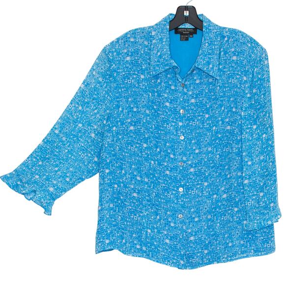 Cynthia Howie Maggy Boutique Top Silk Preppy Boho Sheer Button Up Blue Size 18W - Picture 5 of 5